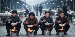 장터 여기저기에서 군불을 때면서 국밥을 먹고 있는 불쌍한 북한 여성들